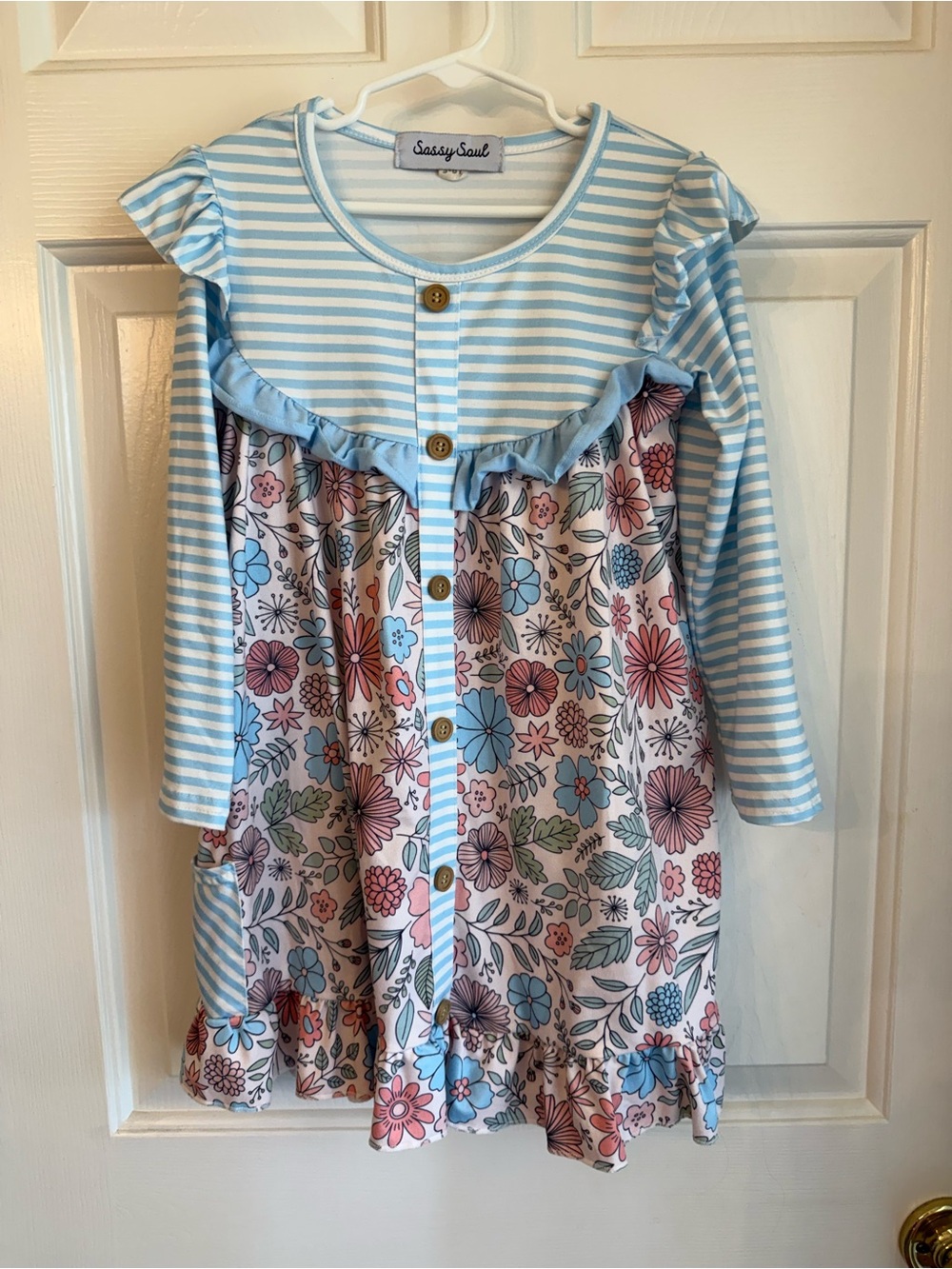 Girls' Blue Striped Floral Ruffle Button-Front Dress